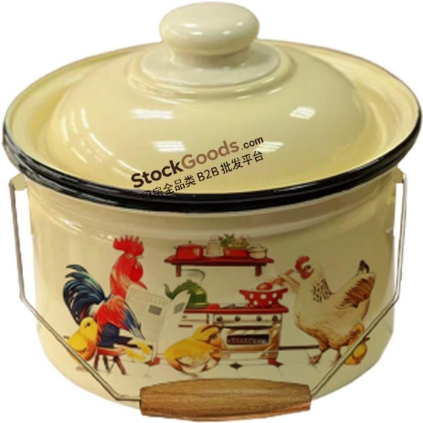 Russian‑Style Rolled‑Rim Enamel Milk Pail, Wire Frame Wooden Handle, Multiple Capacities Available